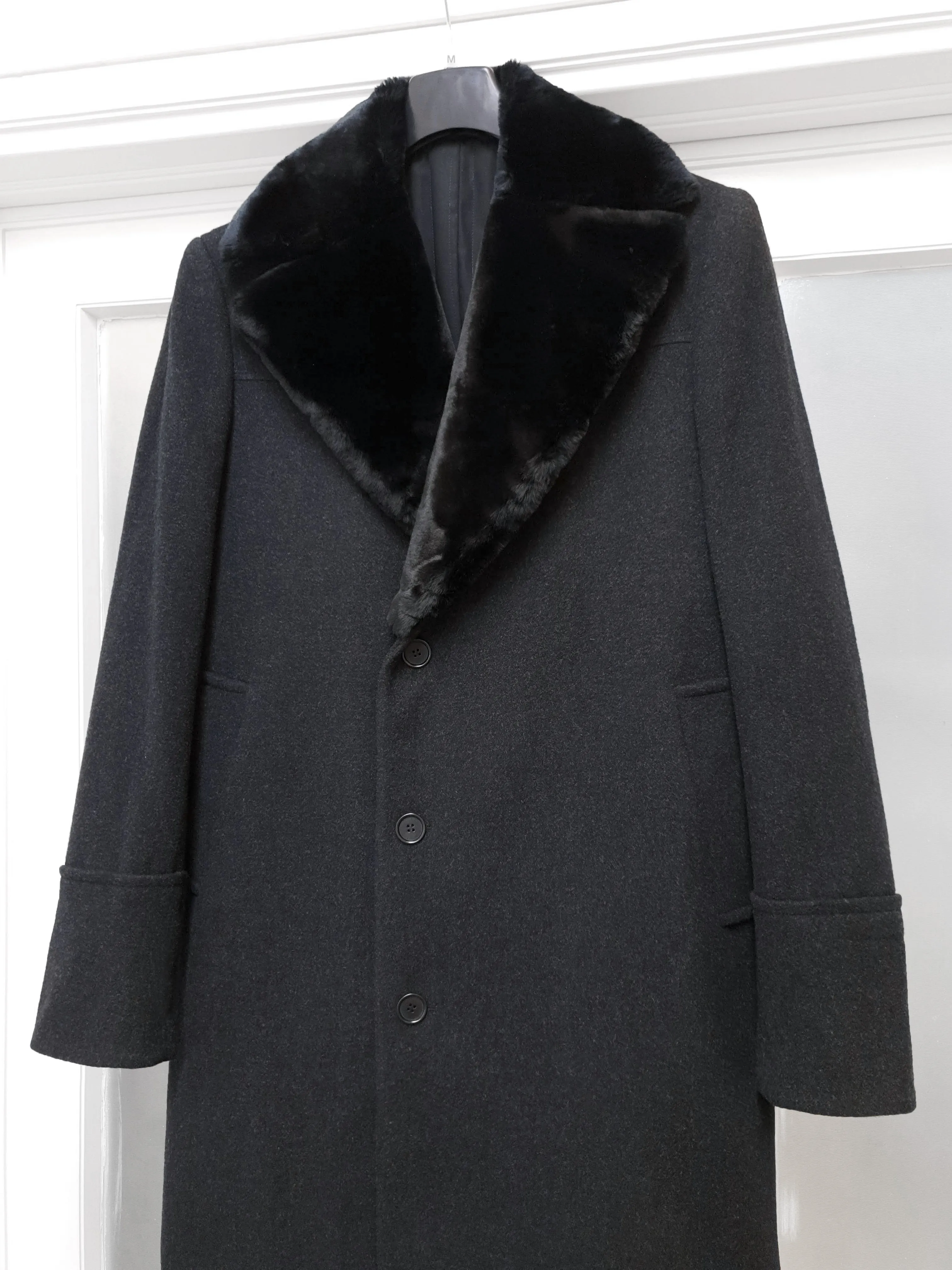 1990s Asymmetric Chesterfield Coat with Faux Fur Lapels in Loden Wool