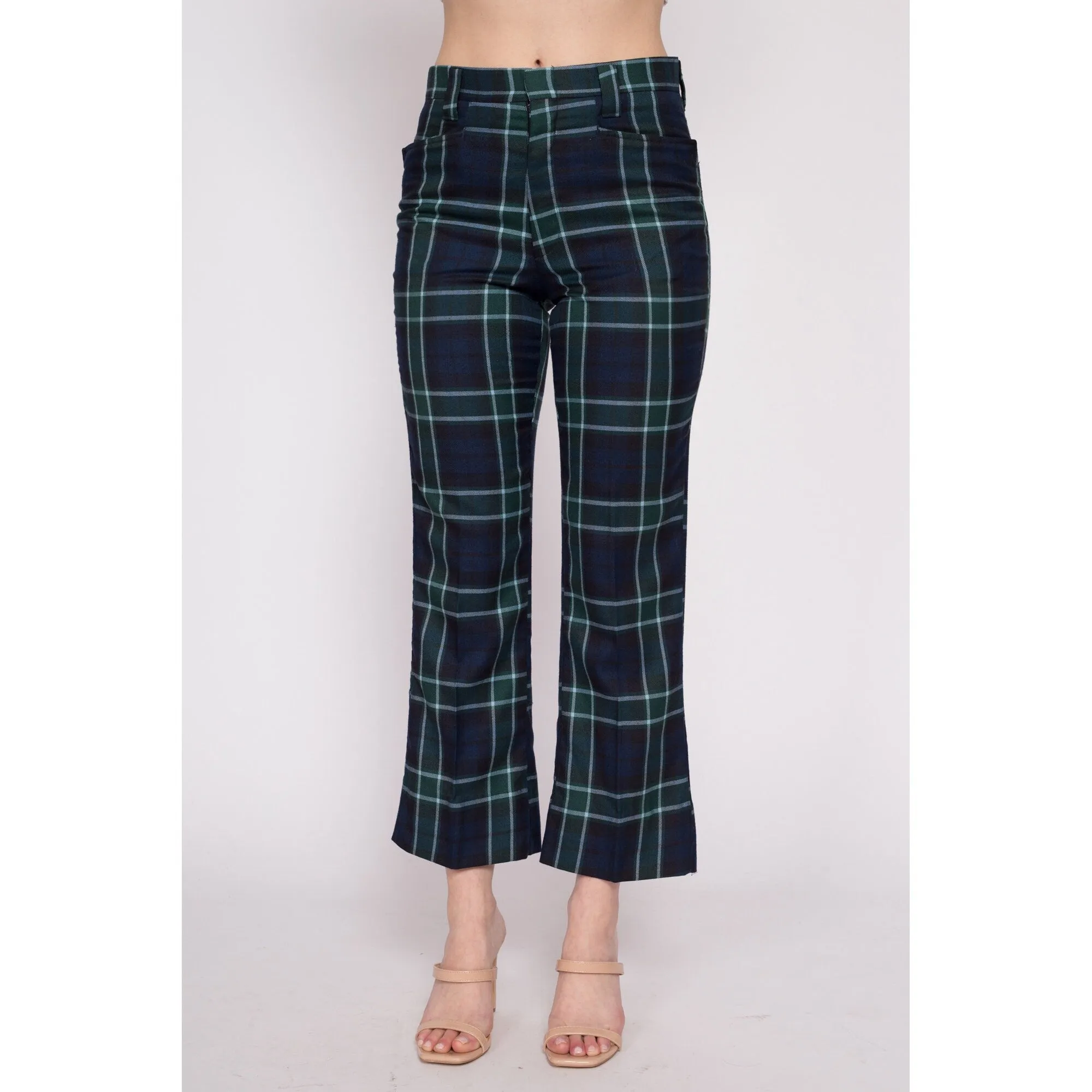 70s Blue & Green Plaid Kick Flare Trousers - Medium Short