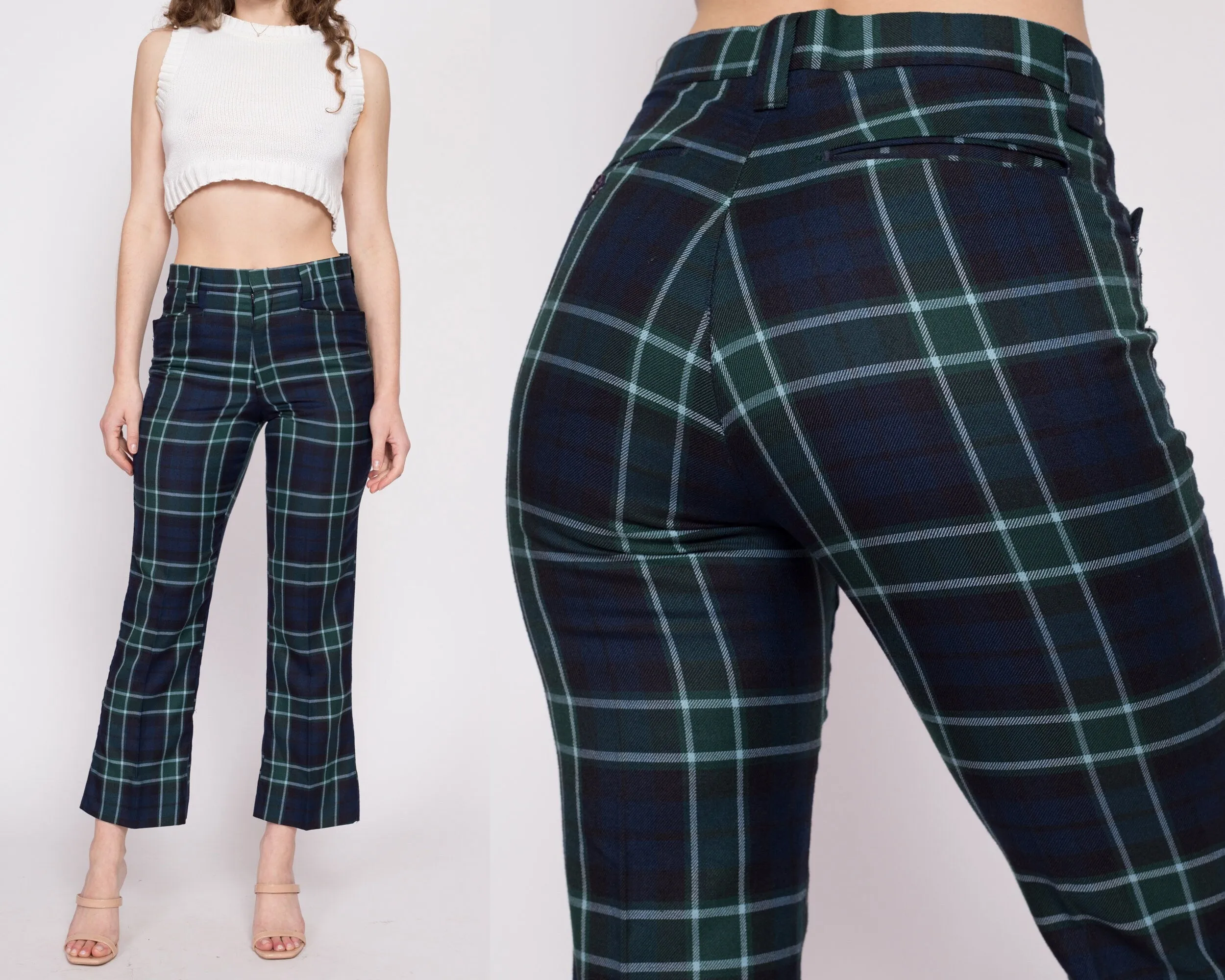 70s Blue & Green Plaid Kick Flare Trousers - Medium Short