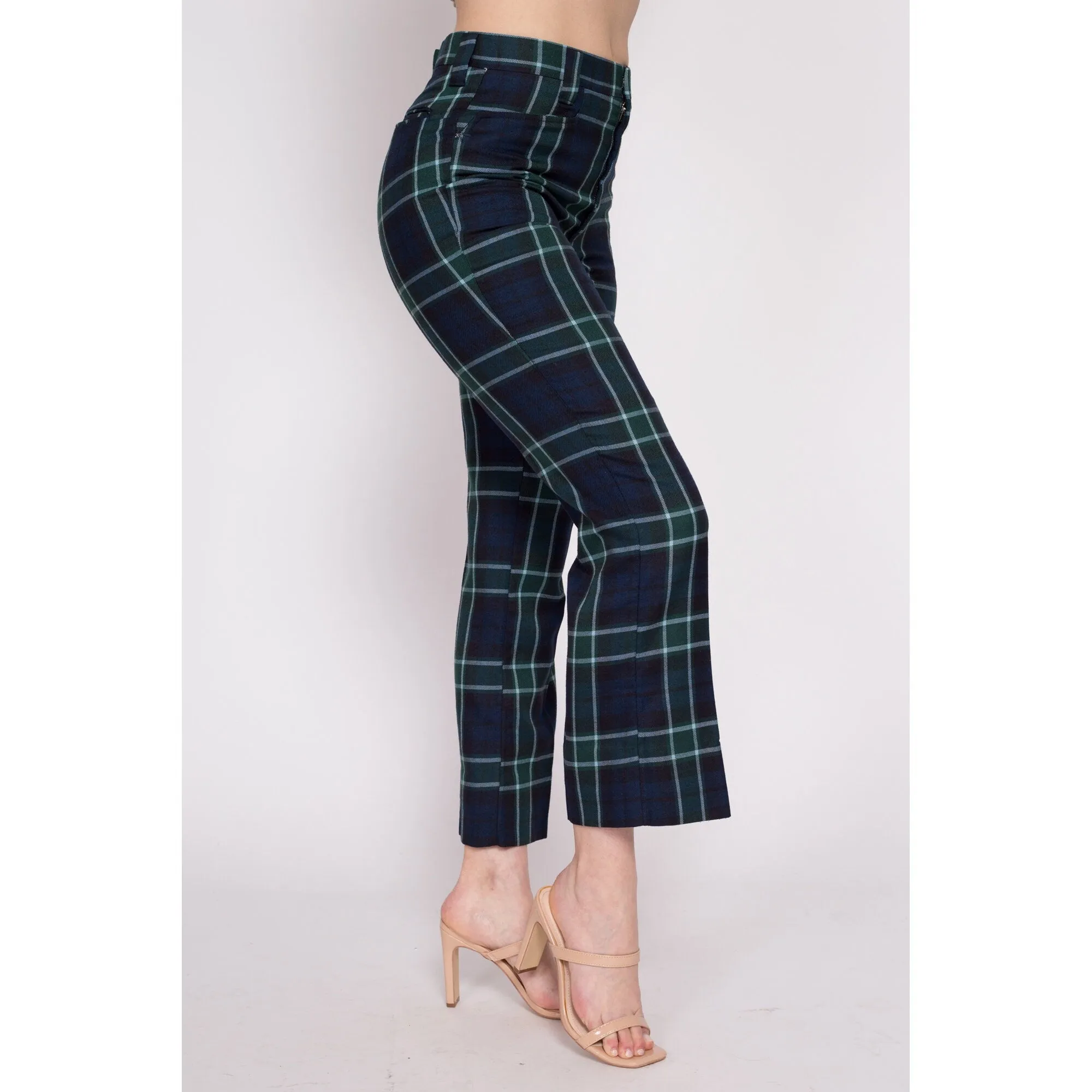 70s Blue & Green Plaid Kick Flare Trousers - Medium Short