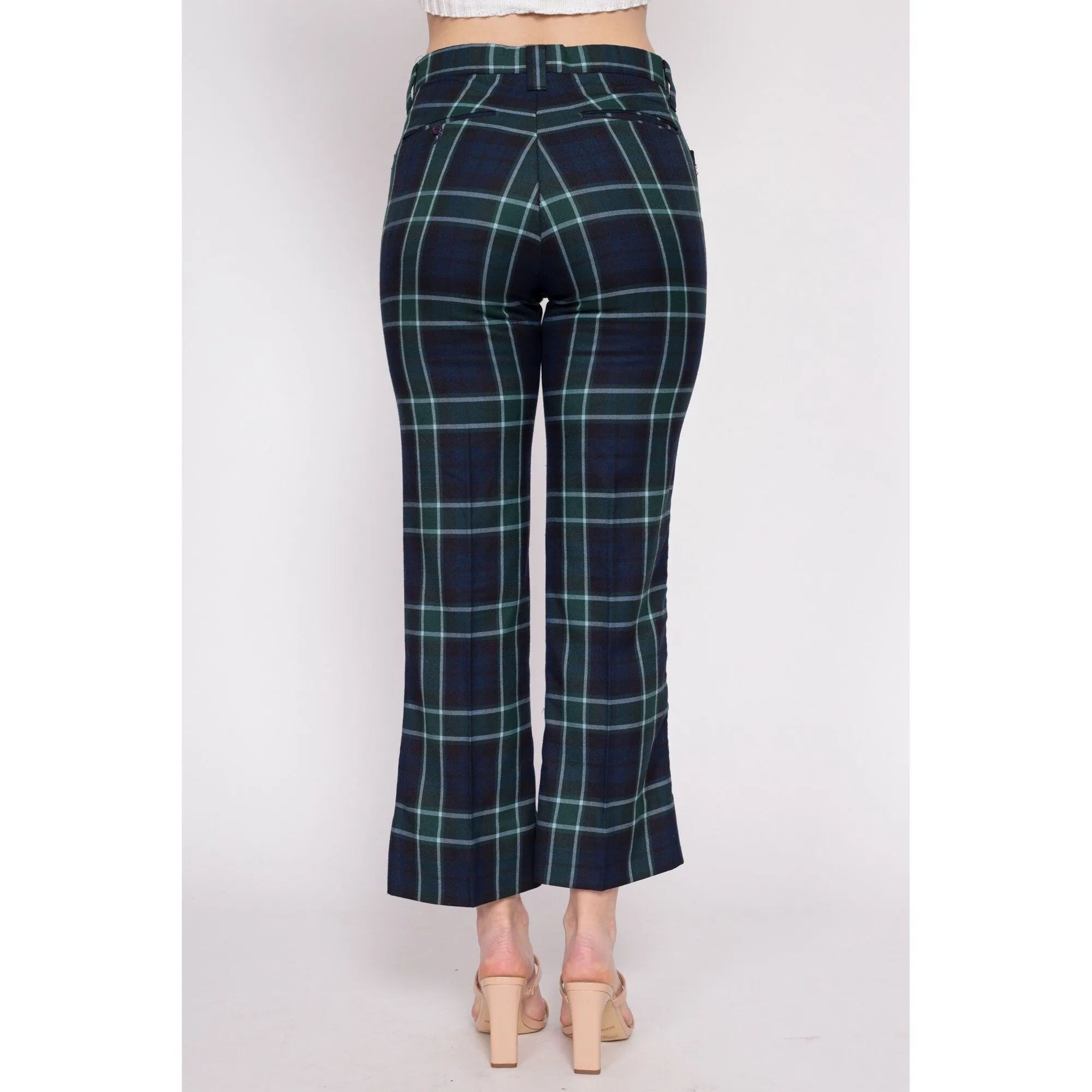 70s Blue & Green Plaid Kick Flare Trousers - Medium Short