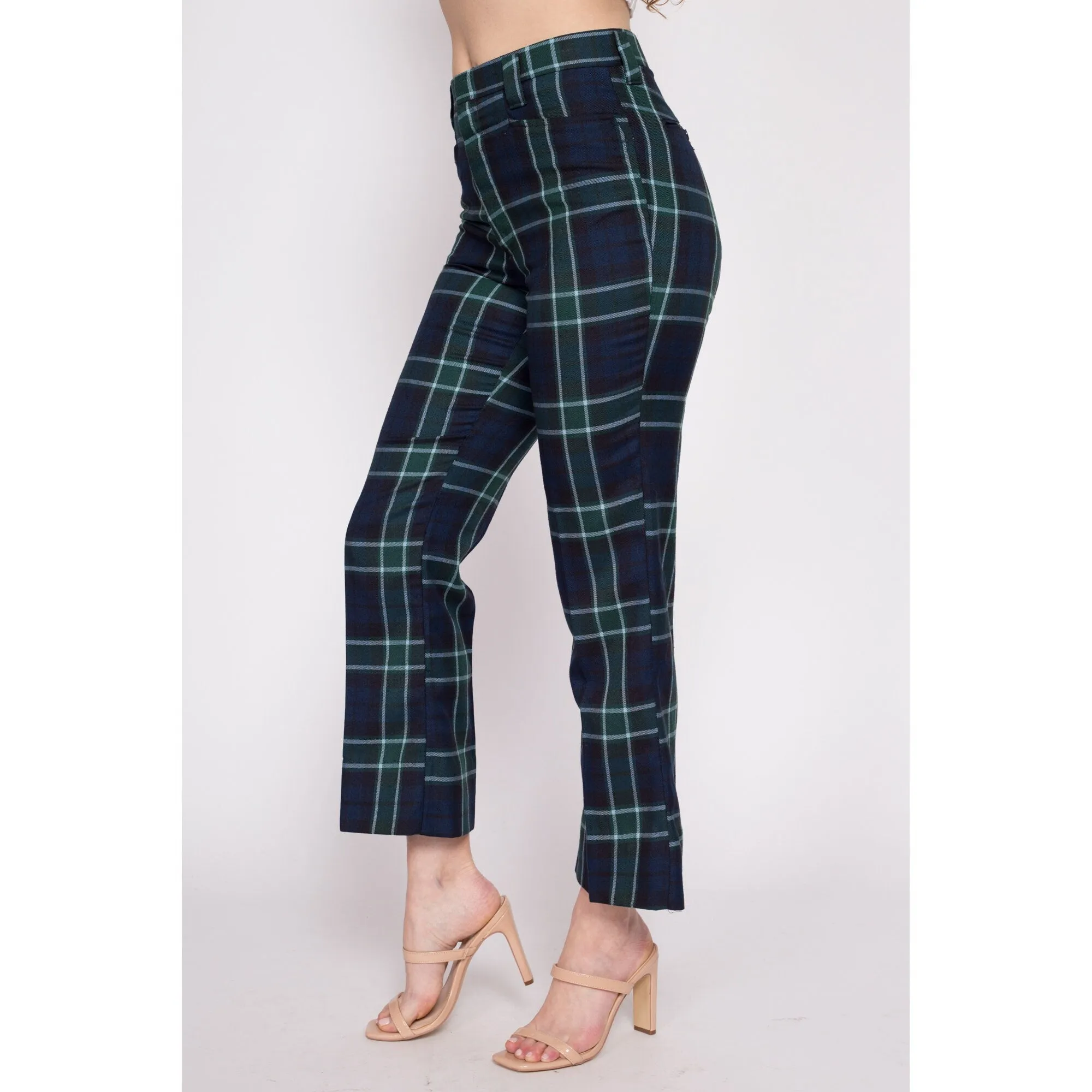 70s Blue & Green Plaid Kick Flare Trousers - Medium Short