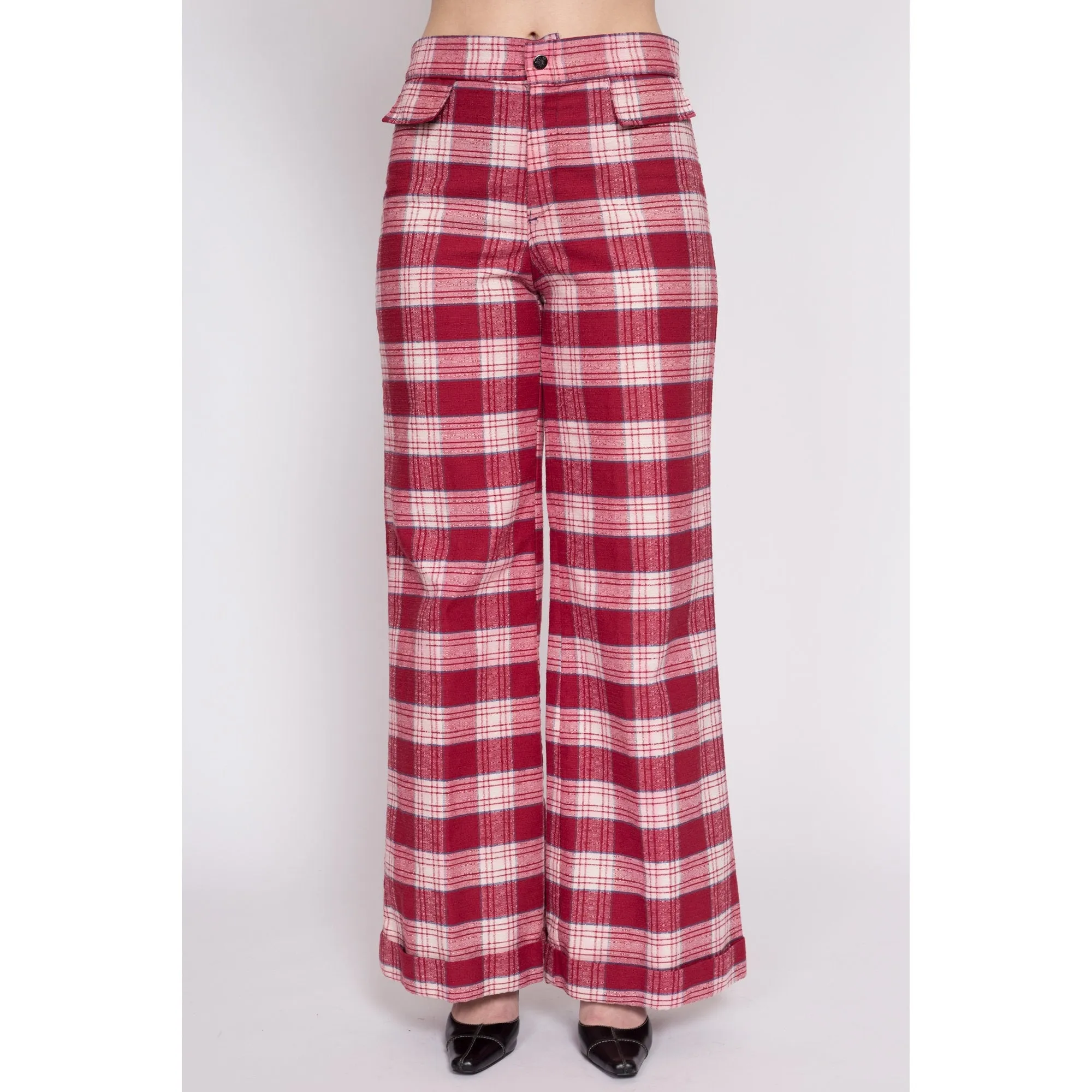 70s Red Plaid High Waisted Pants - Men's Small, Women's Medium, 31"