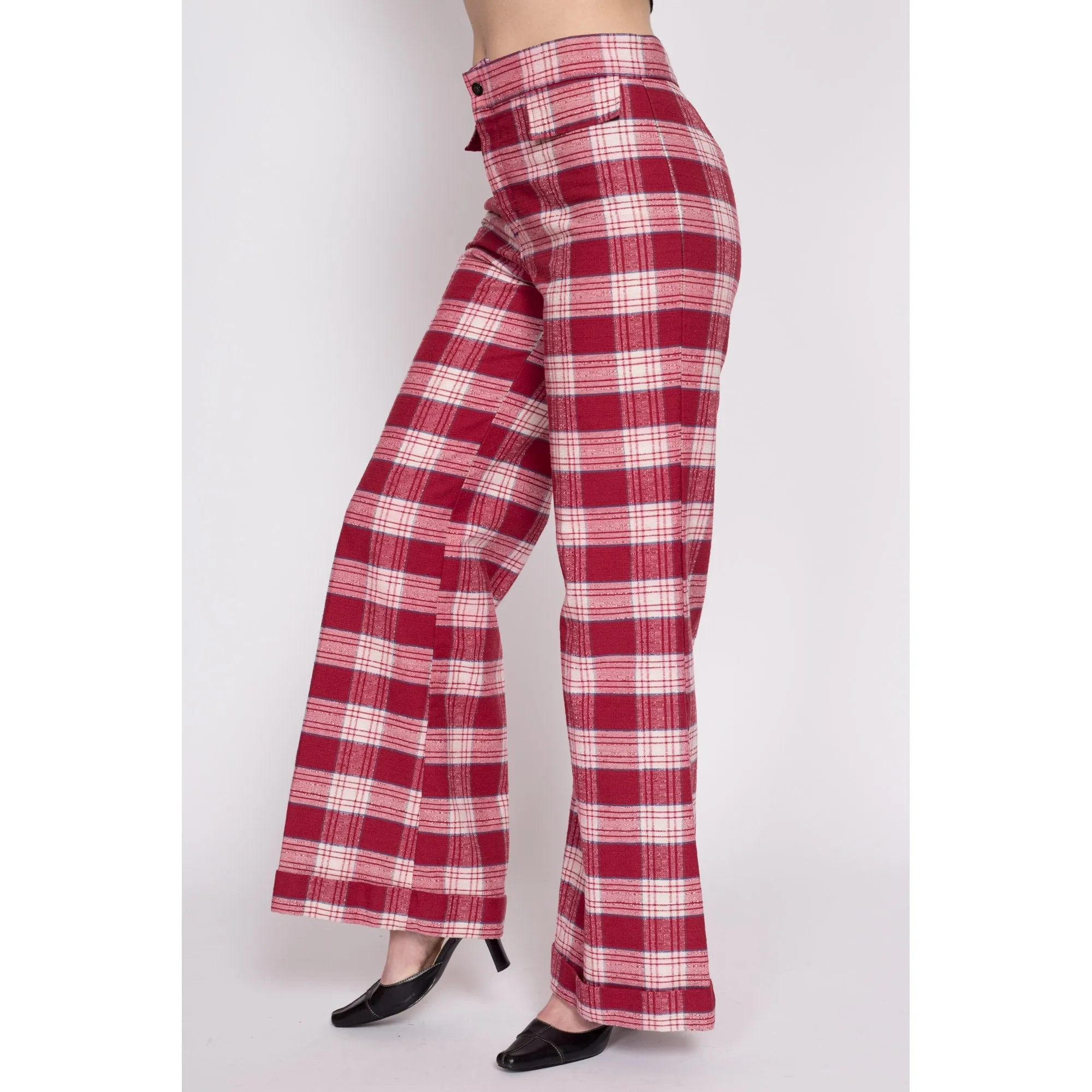 70s Red Plaid High Waisted Pants - Men's Small, Women's Medium, 31"