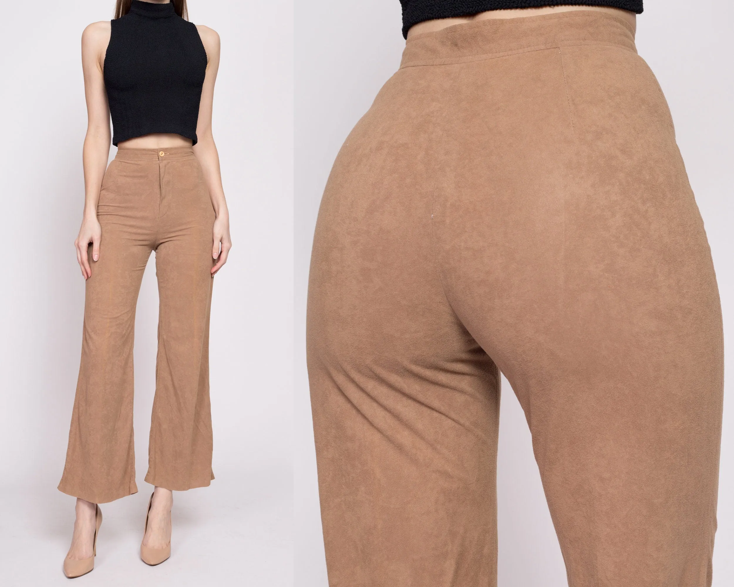 70s Tan Ultrasuede High Waisted Pants - Extra Small, 23.5"