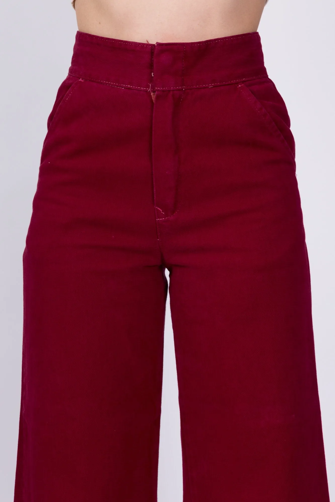 70s Wine Red High Waist Flared Cotton Twill Pants - Extra Small, 23"