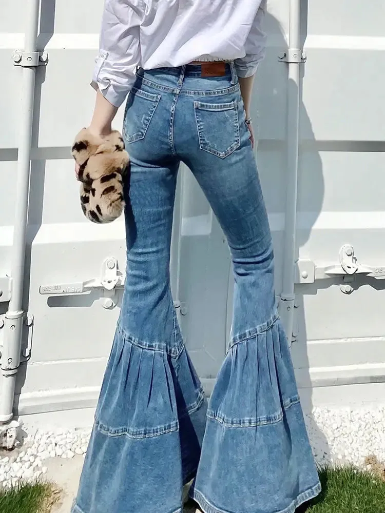 ADVBRIDGE Spring and Autumn Light Color Flared Pants Women's Retro High Waist Splicing Loose Slim Wide Leg Denim Pants y2k jeans