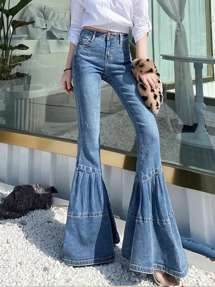 ADVBRIDGE Spring and Autumn Light Color Flared Pants Women's Retro High Waist Splicing Loose Slim Wide Leg Denim Pants y2k jeans