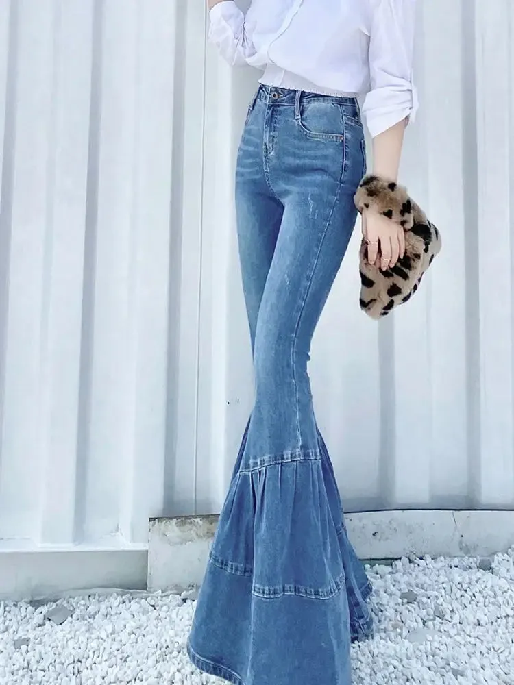 ADVBRIDGE Spring and Autumn Light Color Flared Pants Women's Retro High Waist Splicing Loose Slim Wide Leg Denim Pants y2k jeans