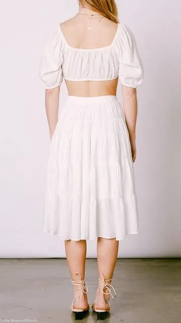 Amber Tiered Ruffle White Midi Skirt