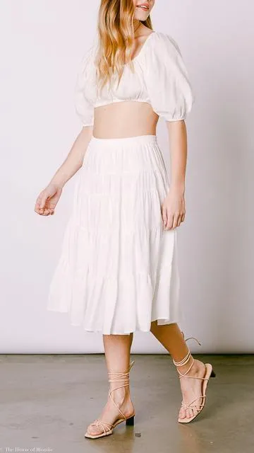 Amber Tiered Ruffle White Midi Skirt