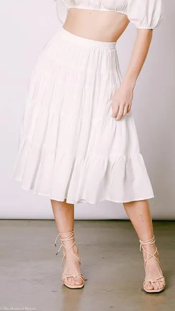 Amber Tiered Ruffle White Midi Skirt