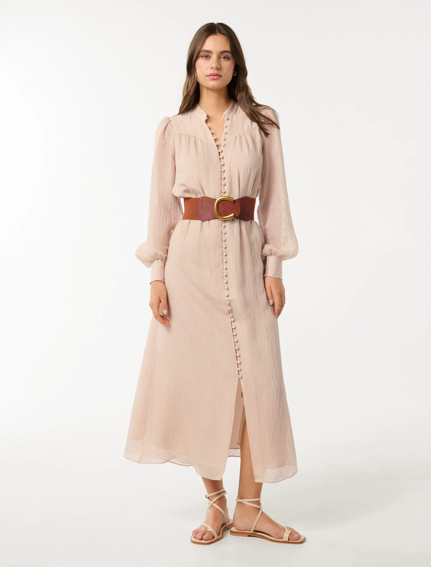 Anja Self Stripe Belted Midi Dress