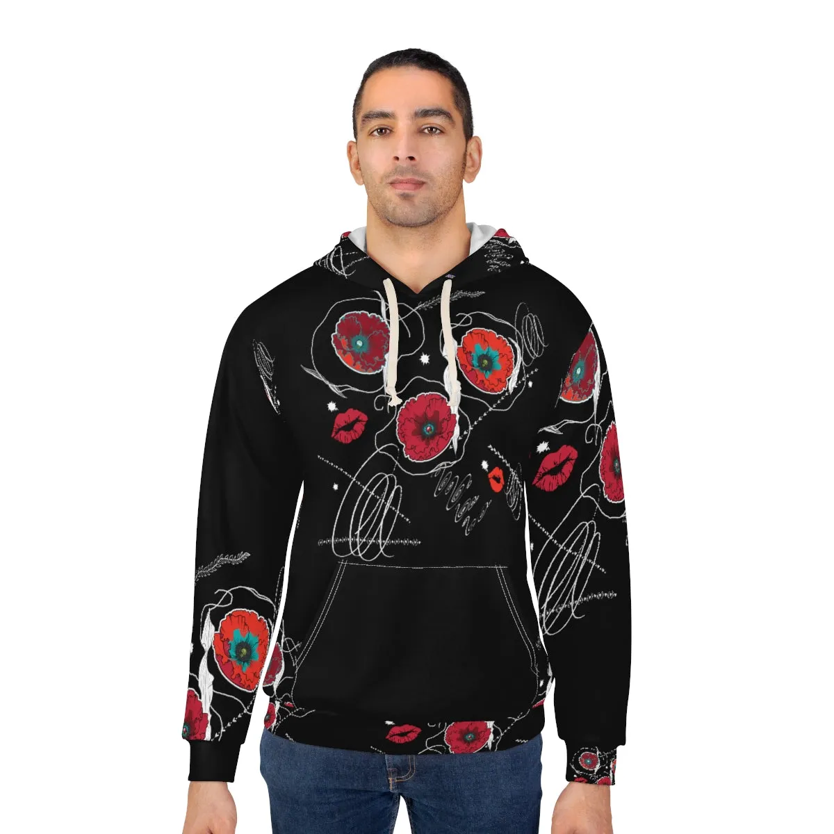 AOP Unisex Pullover Hoodie RUBY FLOWERS DOODLES ON BLACK