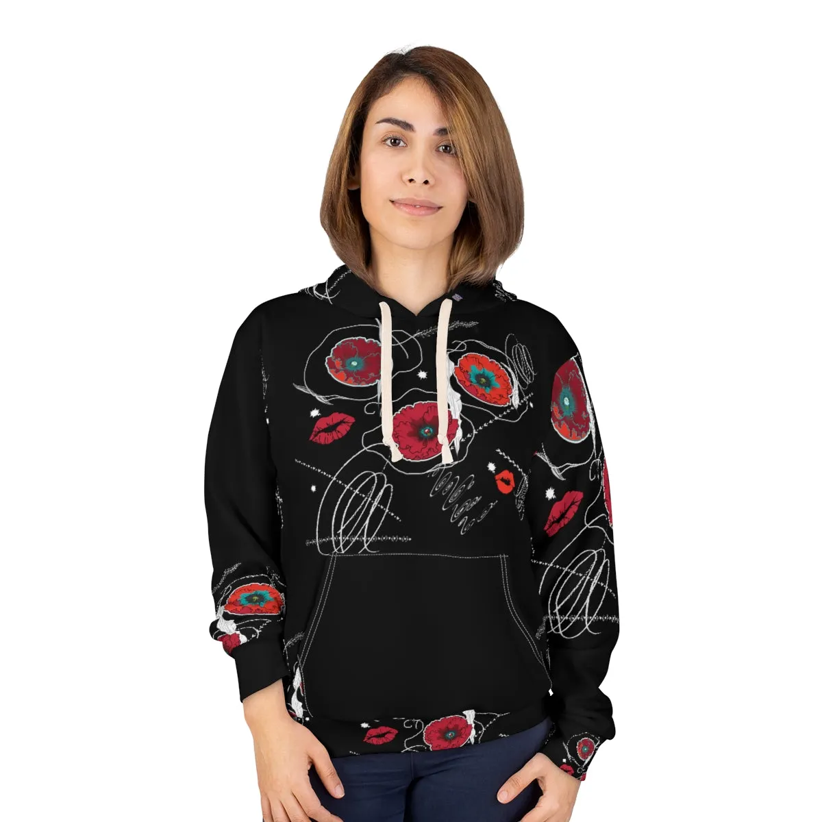 AOP Unisex Pullover Hoodie RUBY FLOWERS DOODLES ON BLACK