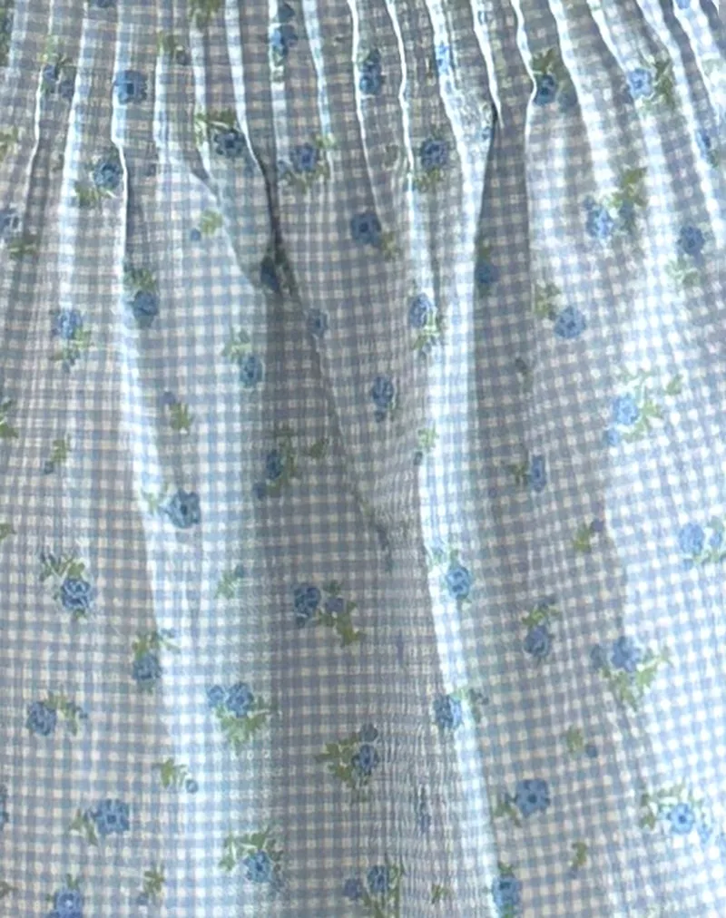 Asada Midi Skirt in Blue Flower Gingham