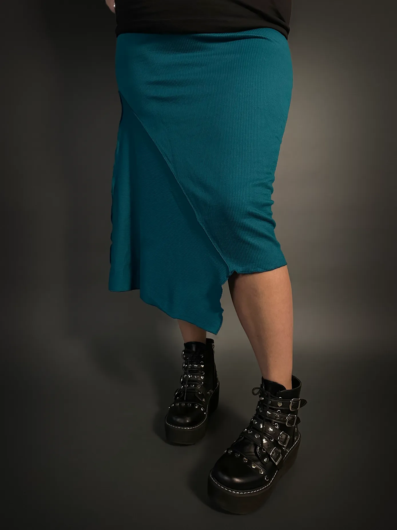 Asymmetrical Stretch Midi Skirt in Dark Emerald Blue - Alt Style