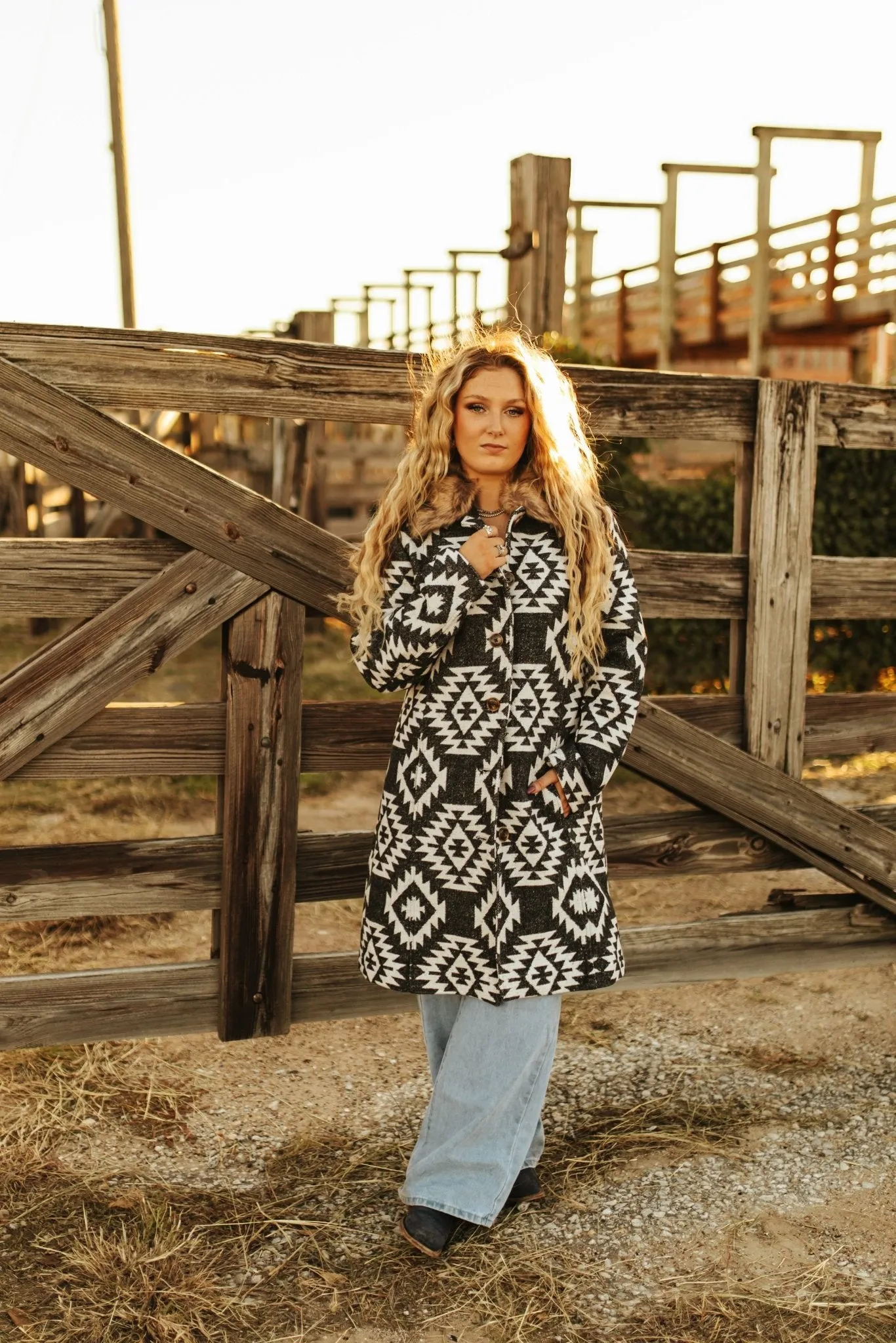 Aztec Print Fur Collar Long Coat