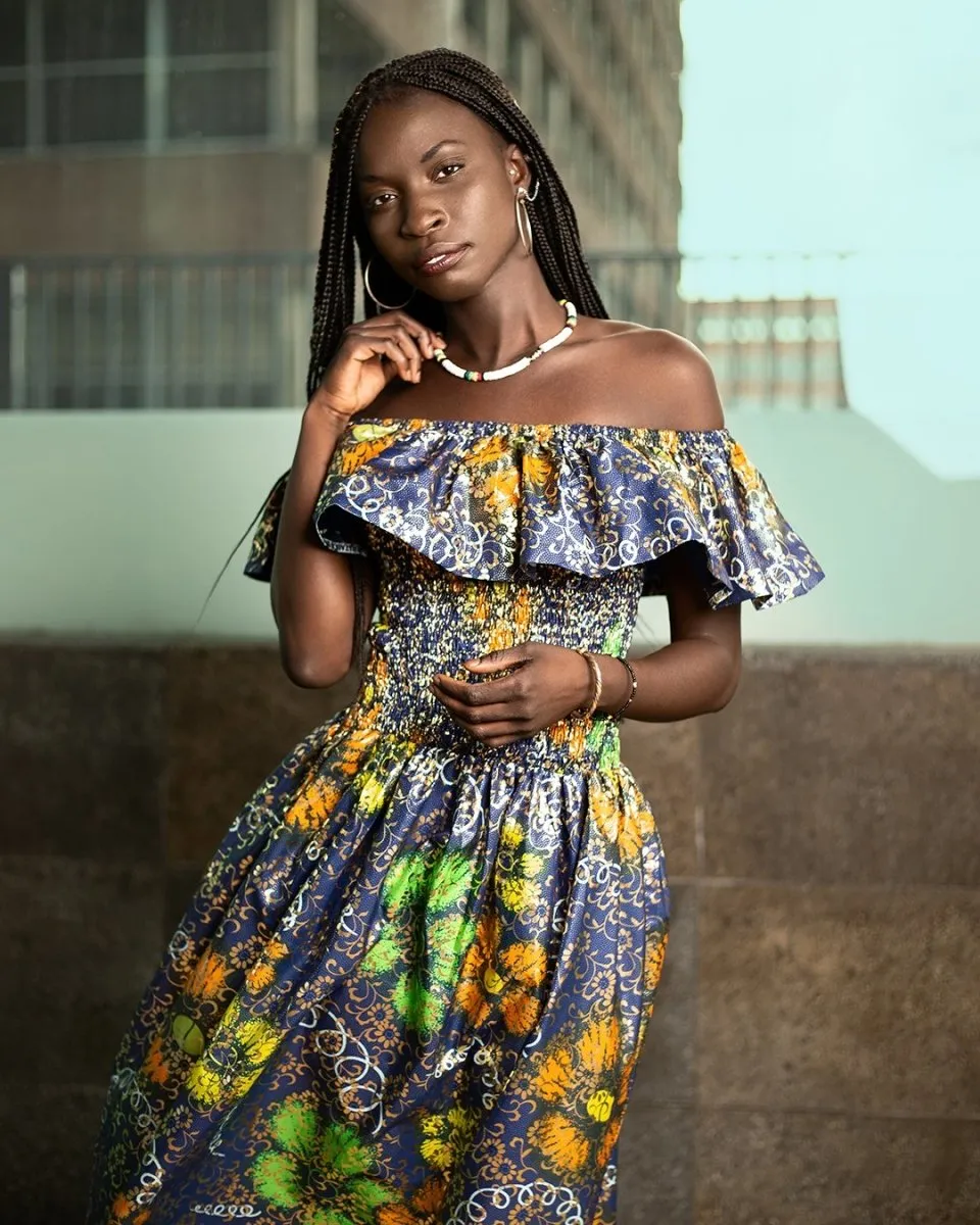 Beautiful African Maxi Dress In Metallic Gold Blue