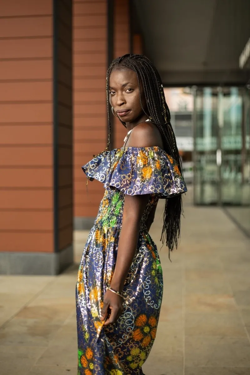 Beautiful African Maxi Dress In Metallic Gold Blue