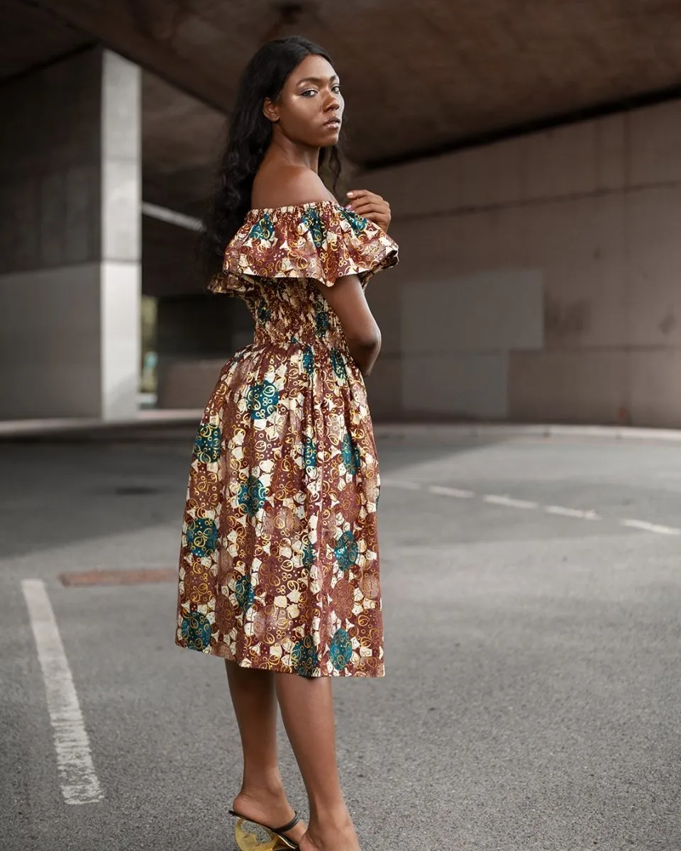 Beautiful African Midi Dress In Metallic Gold Brown