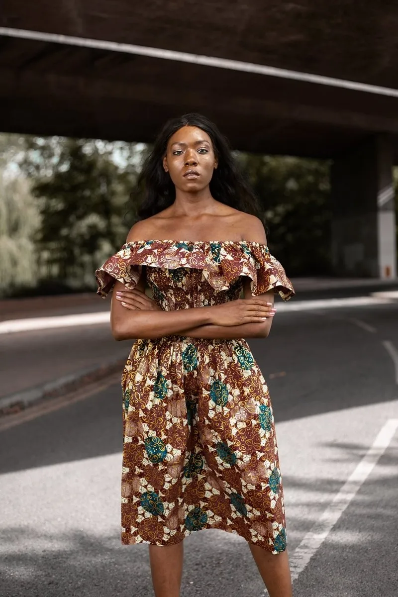 Beautiful African Midi Dress In Metallic Gold Brown