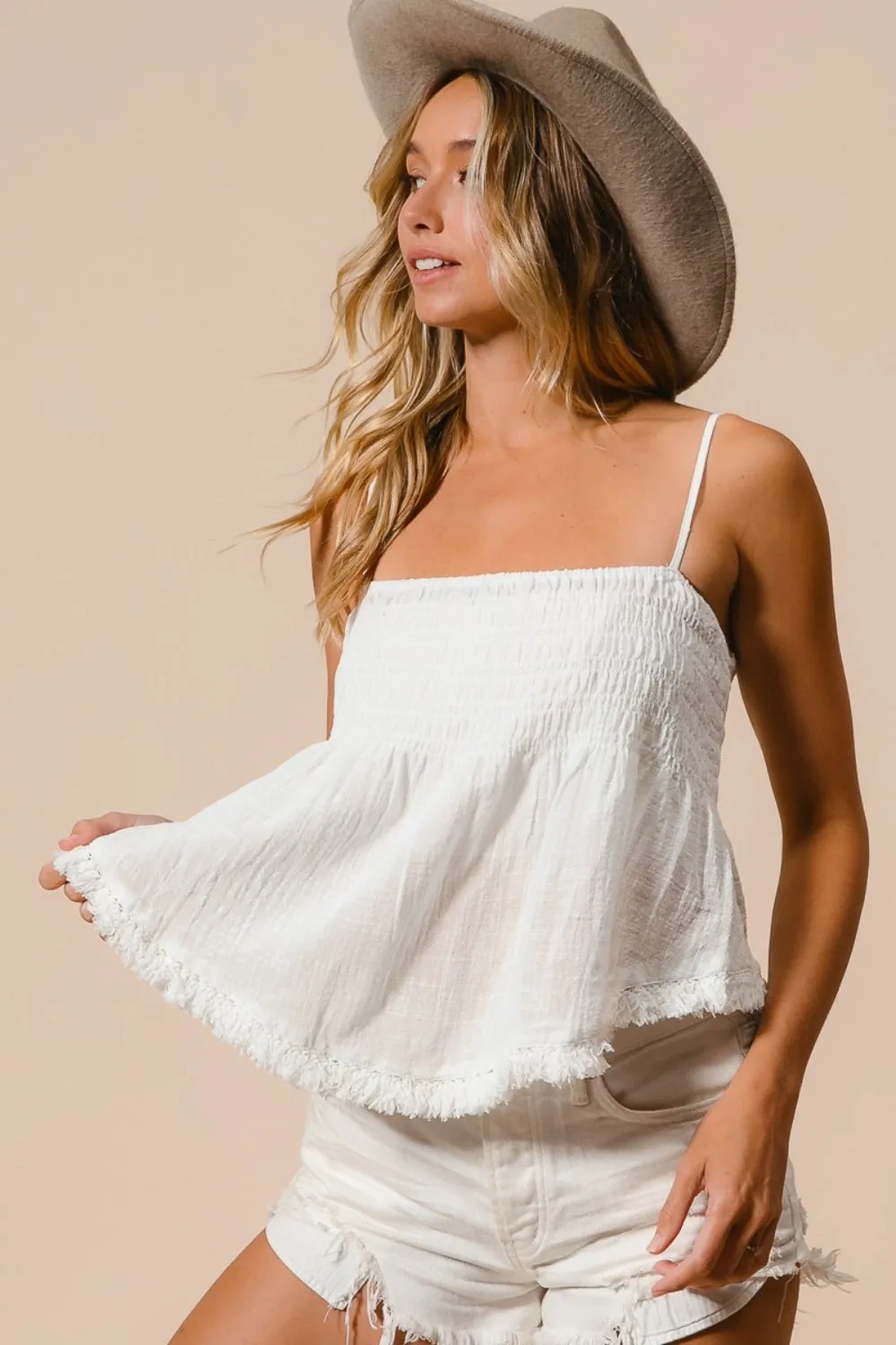 BiBi Fringed Hem Smocked Cami in Off White