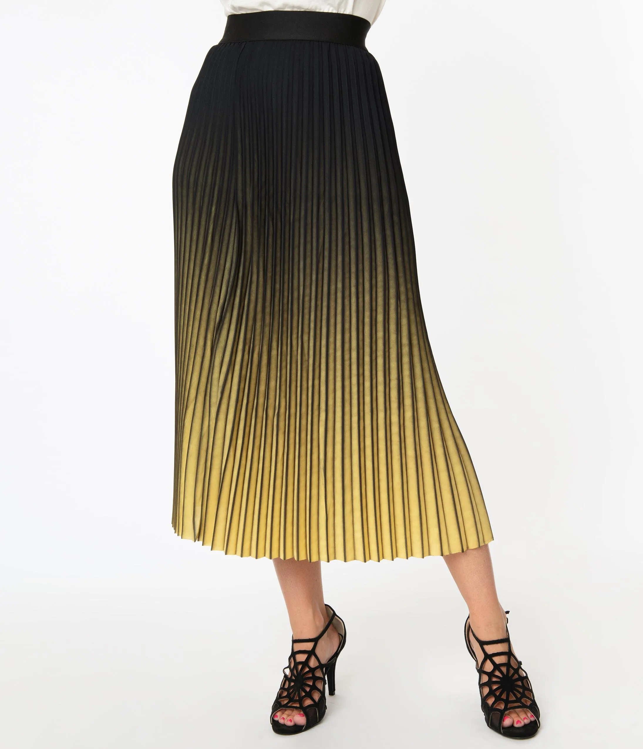 Black & Yellow Ombre Pleated Midi Skirt