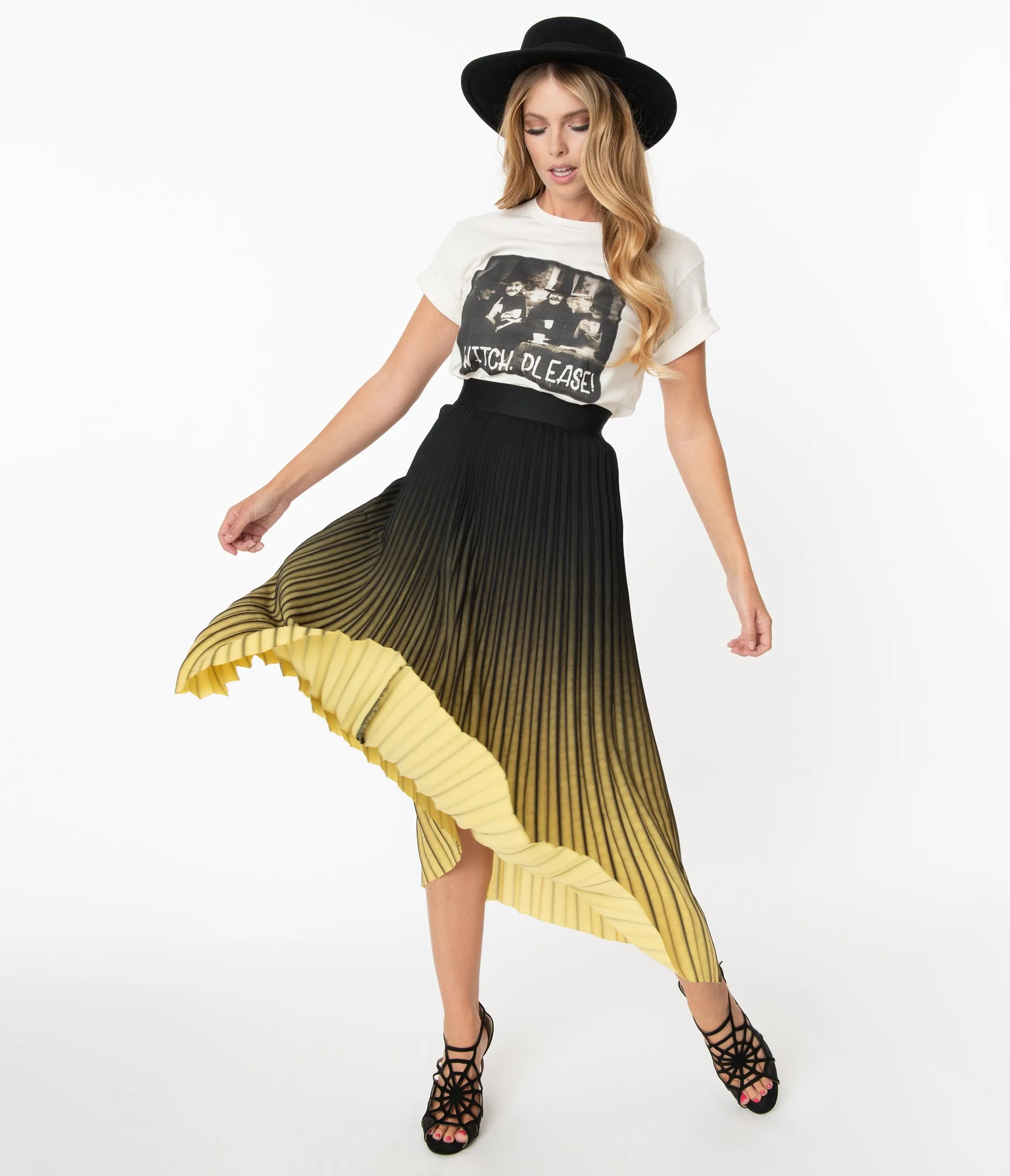 Black & Yellow Ombre Pleated Midi Skirt