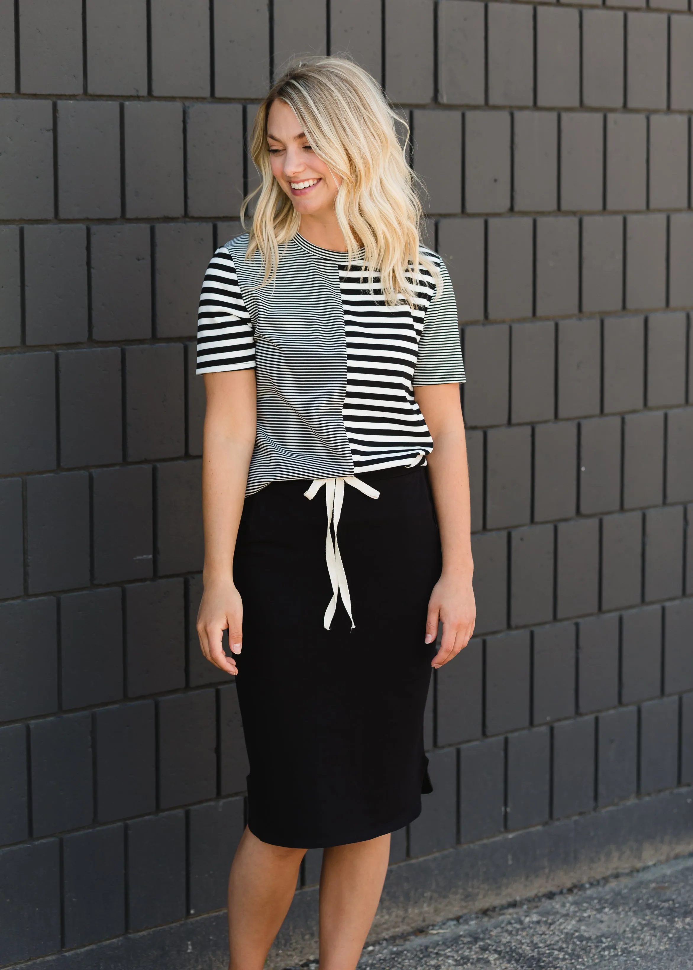 Black Drawstring Midi Skirt