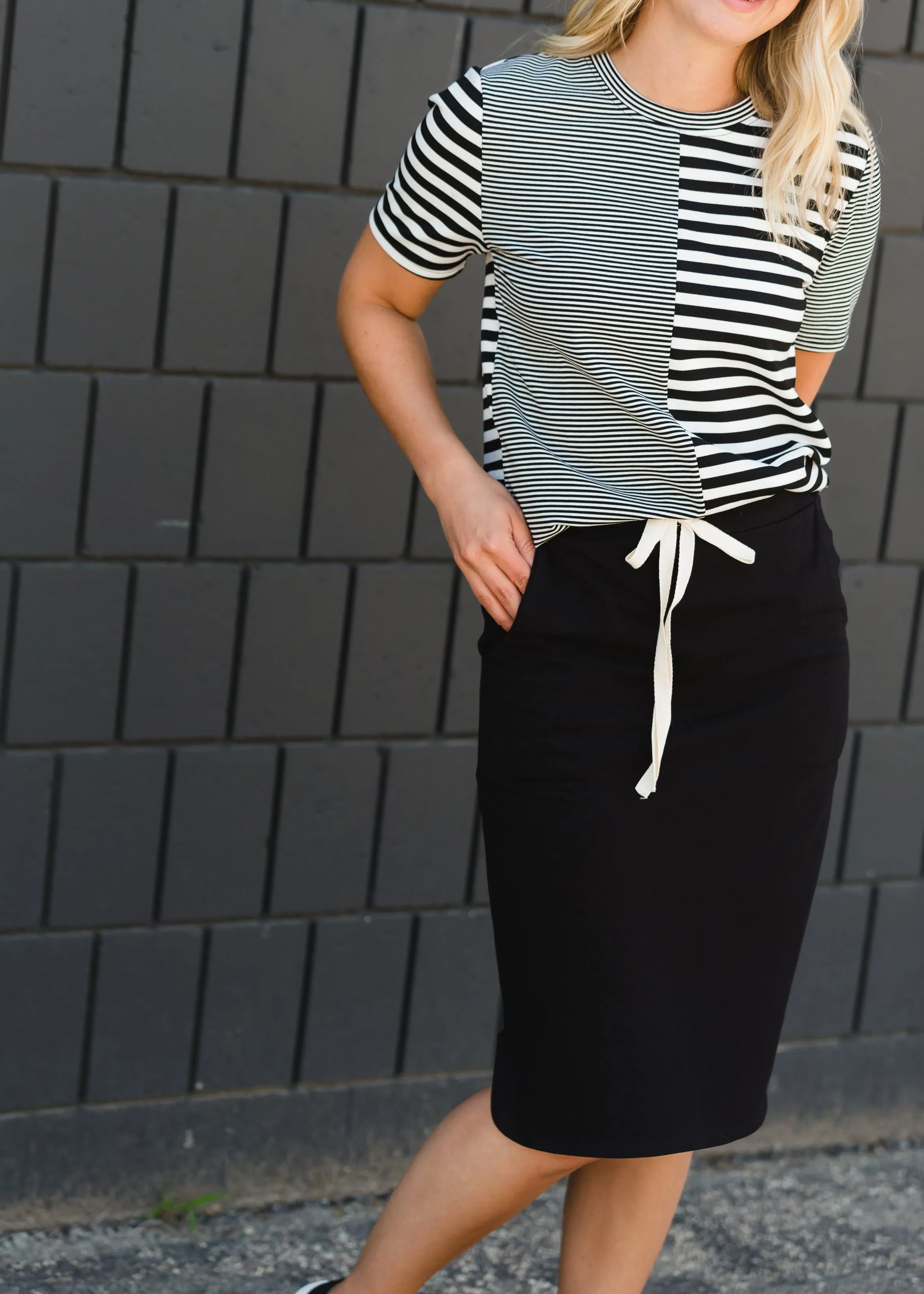 Black Drawstring Midi Skirt