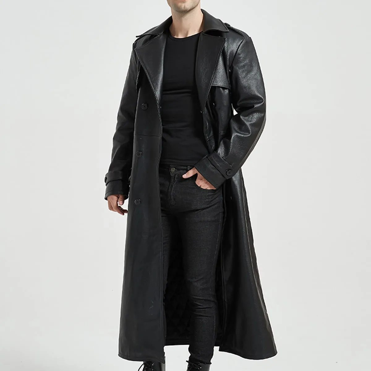 Black Genuine Sheepskin Lapel Collar Slim Fit Matrix Quilted Long Leather Trench Coat