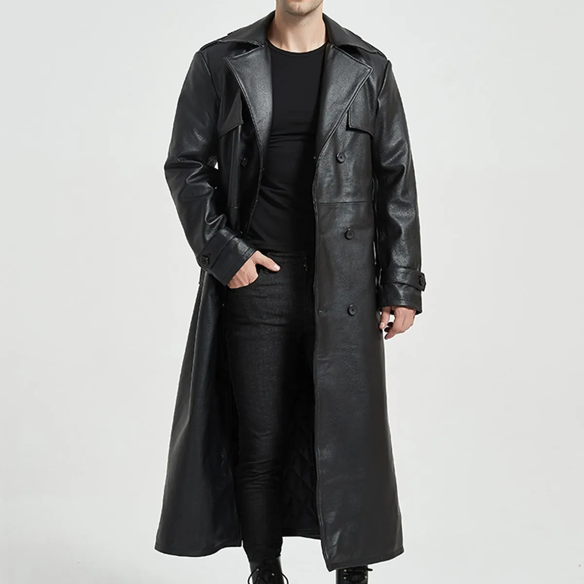 Black Genuine Sheepskin Lapel Collar Slim Fit Matrix Quilted Long Leather Trench Coat