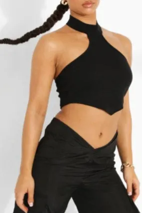 Black High Neck Ribbed Crop Top