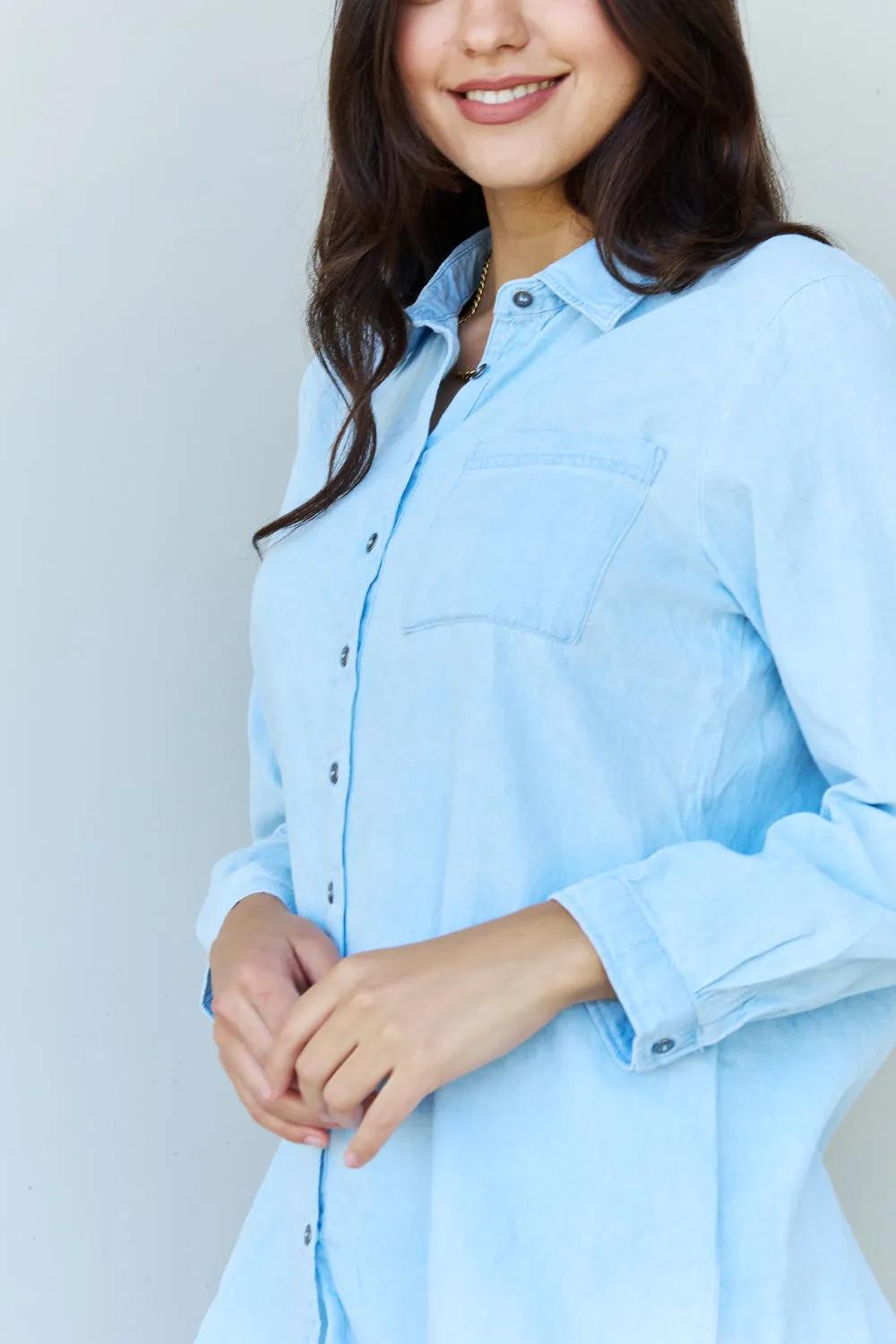 Blue Jean Baby Denim Button Down Shirt Top in Light Blue