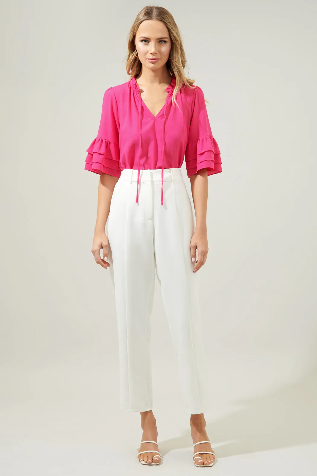 Break Room Split Neck Ruffle Blouse