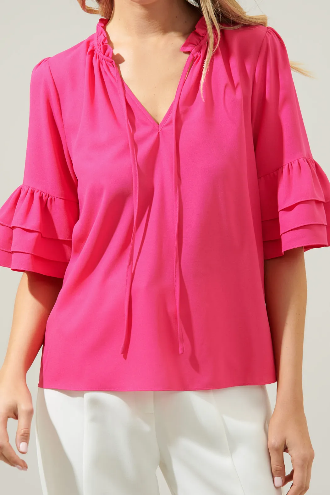 Break Room Split Neck Ruffle Blouse