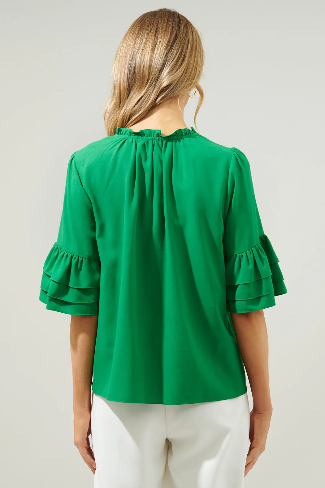 Break Room Split Neck Ruffle Blouse