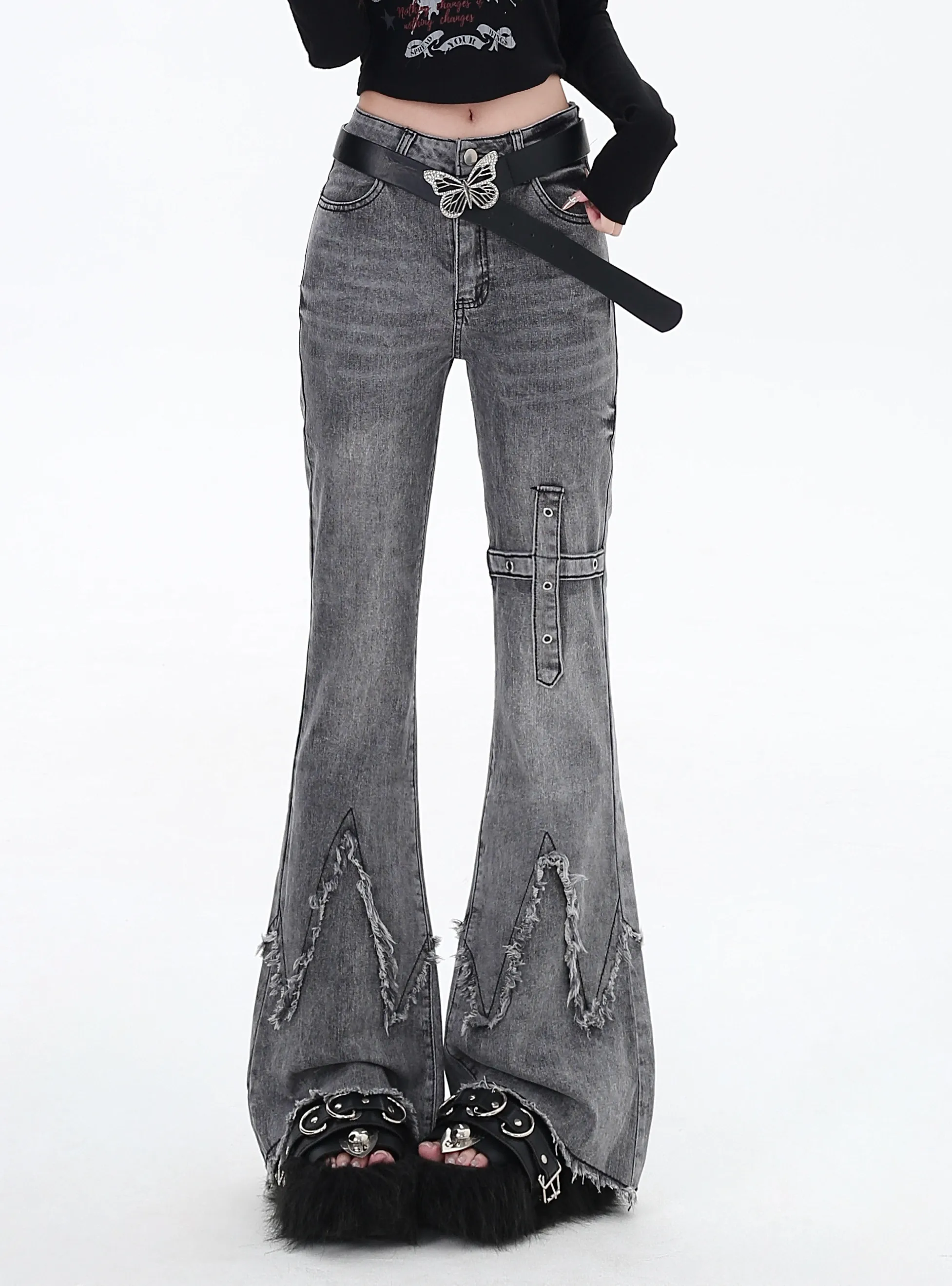 Crazy Girl Retro Petite Gray Denim Flared Jeans