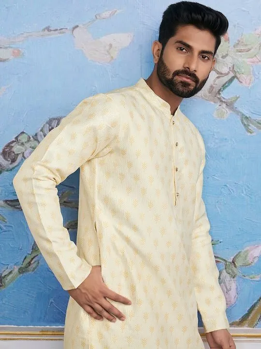 Cream-Coloured Ethnic Motifs Woven Design Kurta with Trousers