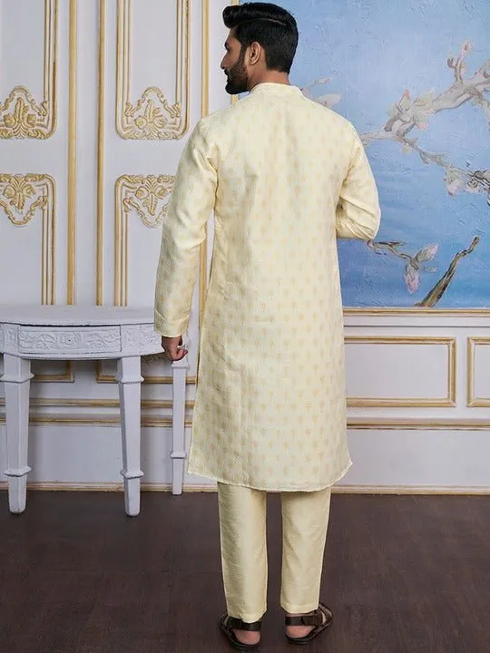 Cream-Coloured Ethnic Motifs Woven Design Kurta with Trousers