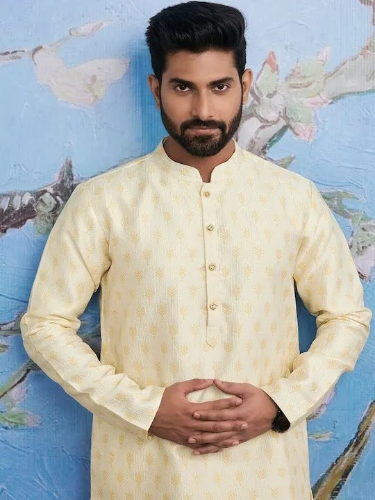 Cream-Coloured Ethnic Motifs Woven Design Kurta with Trousers