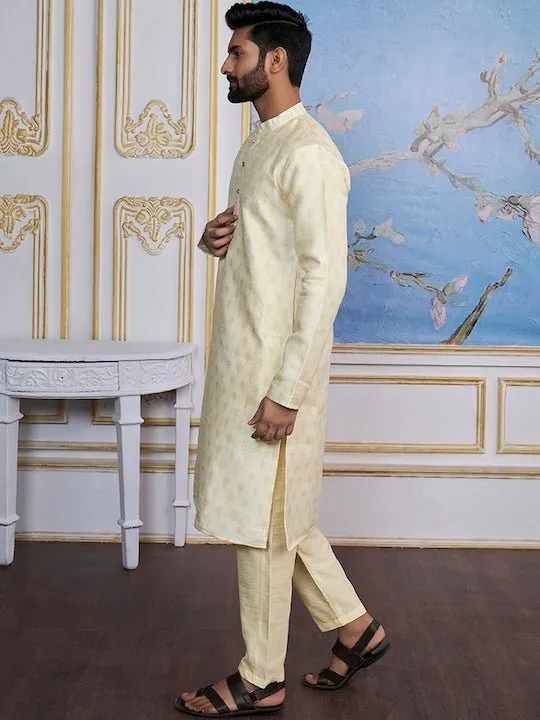 Cream-Coloured Ethnic Motifs Woven Design Kurta with Trousers