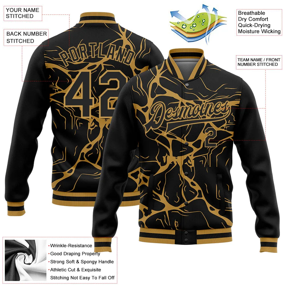 Custom Black Old Gold Abstract Network 3D Pattern Design Bomber Full-Snap Varsity Letterman Jacket