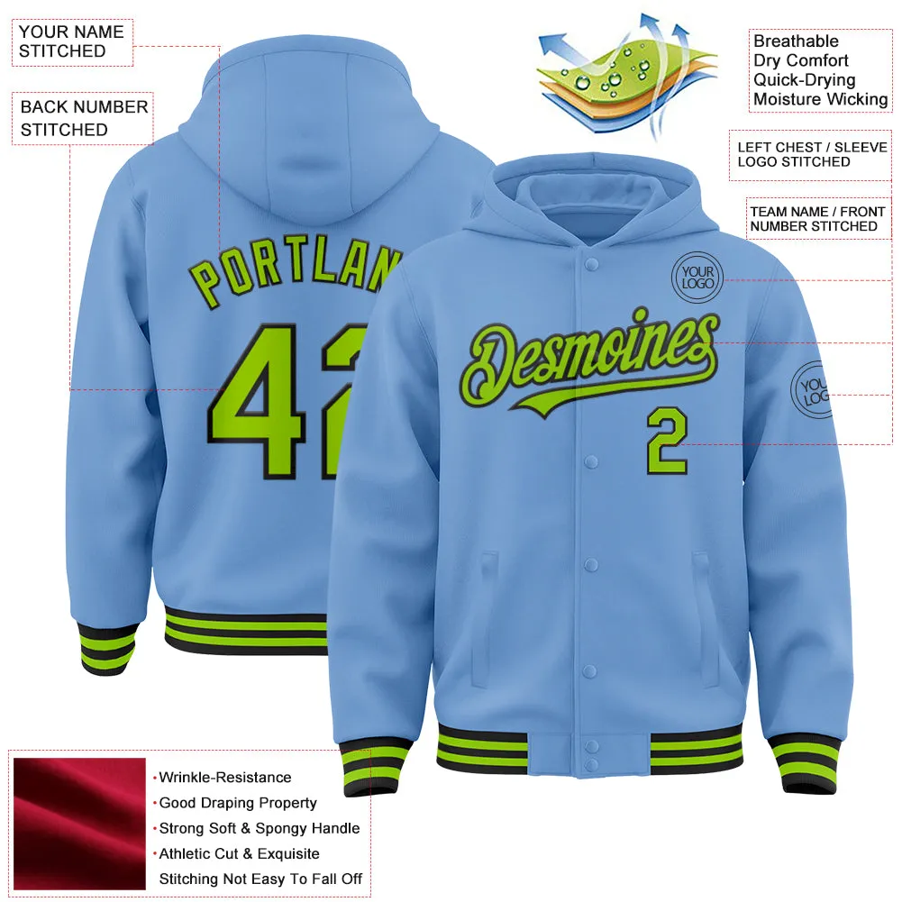 Custom Light Blue Neon Green-Black Bomber Full-Snap Varsity Letterman Hoodie Jacket