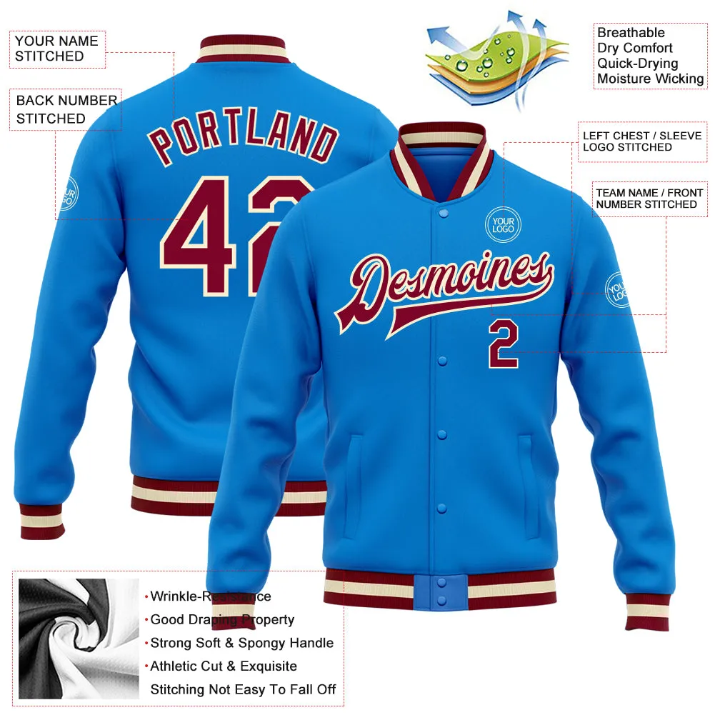 Custom Powder Blue Maroon-Cream Bomber Full-Snap Varsity Letterman Jacket