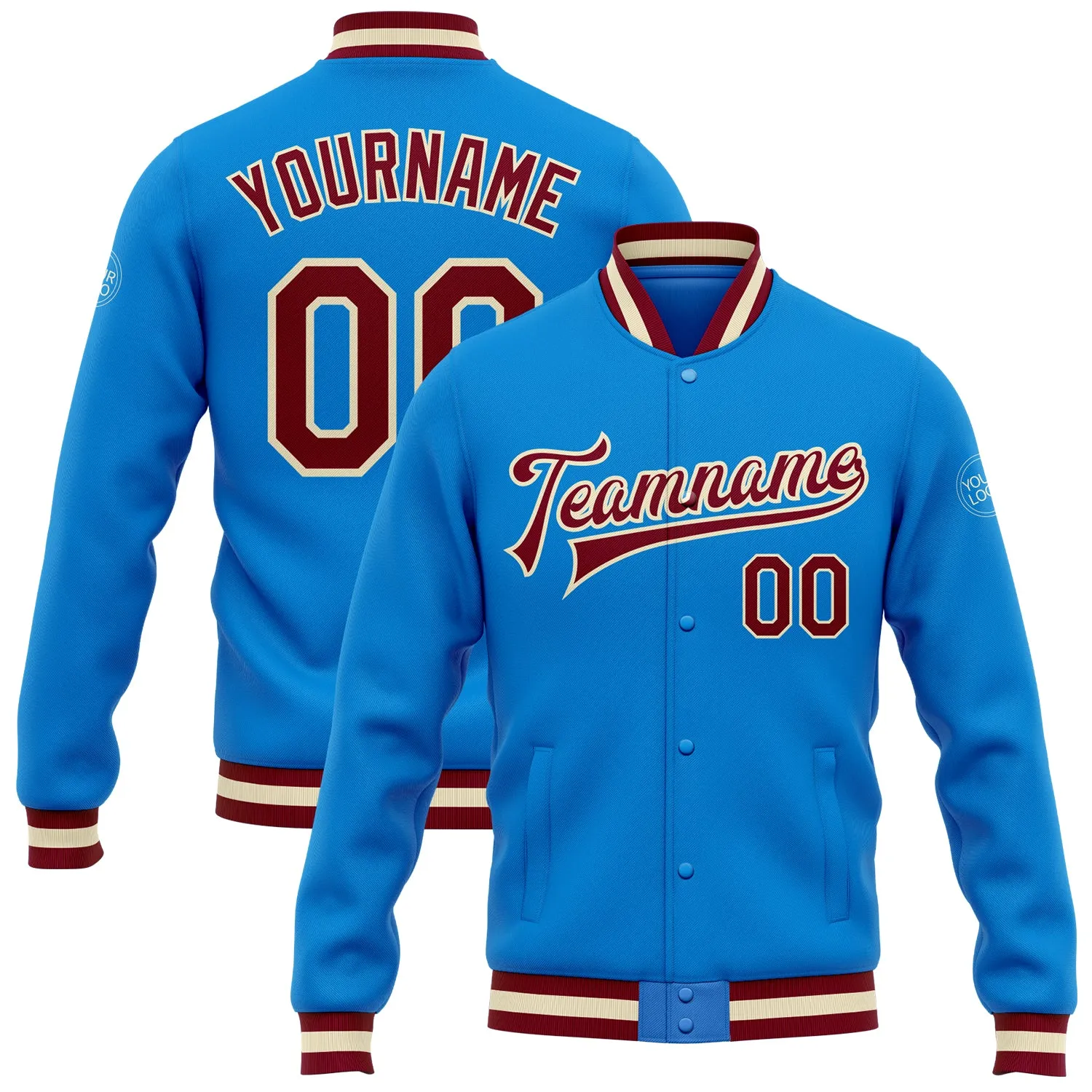 Custom Powder Blue Maroon-Cream Bomber Full-Snap Varsity Letterman Jacket