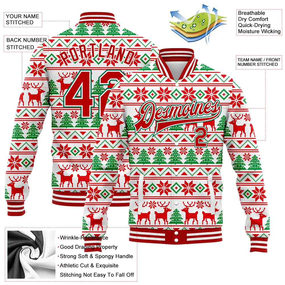 Custom White Red-Kelly Green Christmas 3D Bomber Full-Snap Varsity Letterman Jacket