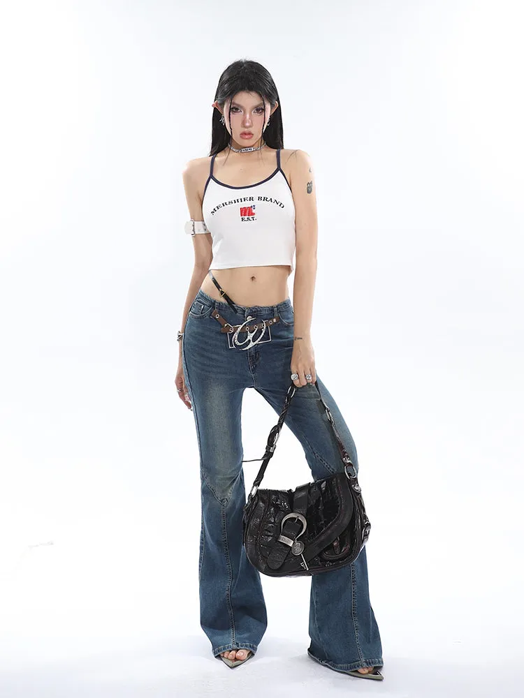 Dama Denim Blue Washed Stretch Slim Retro Flared Low Waist Jeans Pants