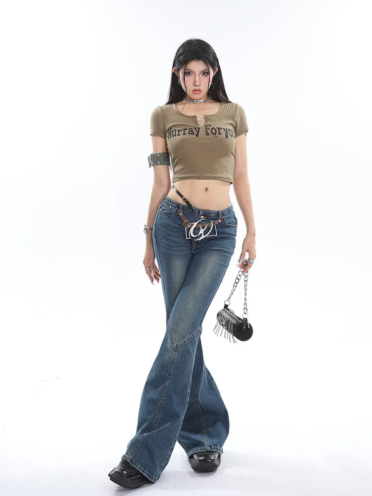 Dama Denim Blue Washed Stretch Slim Retro Flared Low Waist Jeans Pants